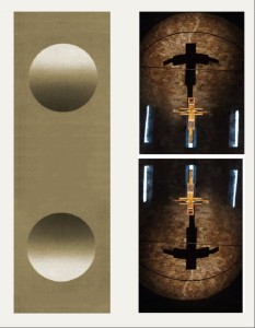 A sinistra: la stessa immagine sferica, diritta (in alto) e rovesciata (in basso) tende ad apparire alla maggior parte degli osservatori come una semisfera convessa in alto e concava in basso. Il rovesciamento dell’immagine della chiesa di San Michele degli Scalzi (a destra) tende a produrre una simile mutazione dell’effetto di profondità nella visione dell’ombra (convessa in alto e concava in basso).